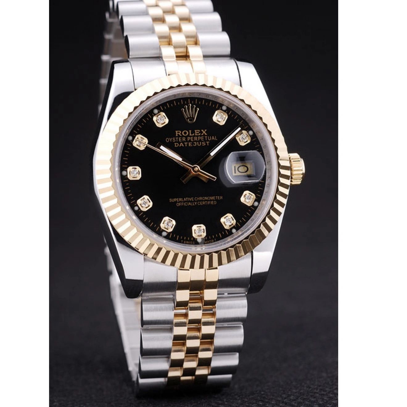 AAA Replica Watches Rolex Datejust Black Diamonds Dial Bezel Ribbed 7453 1013